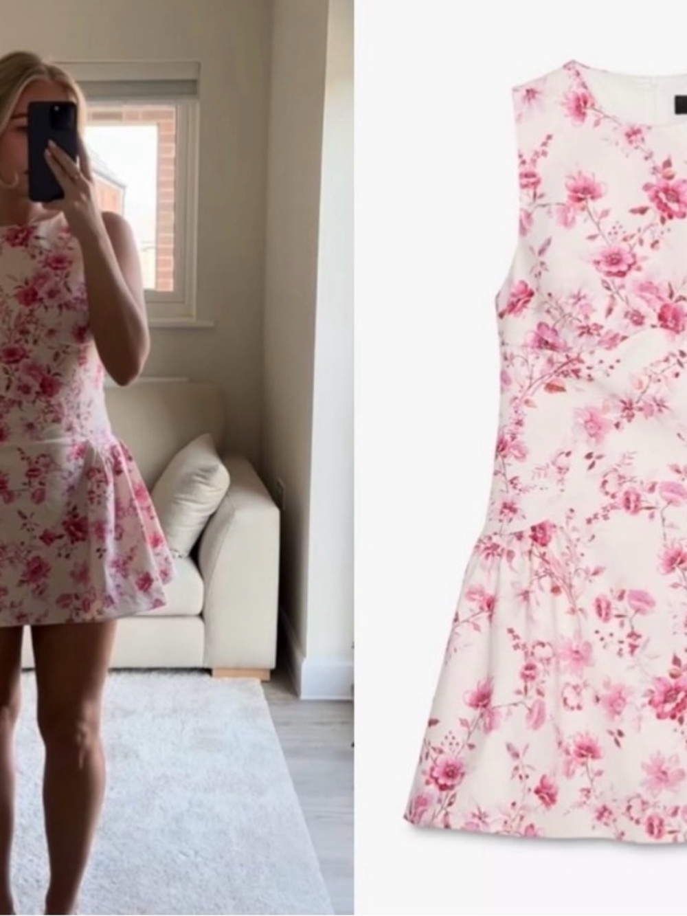 Zara White Mini Dress with Pink Floral Print